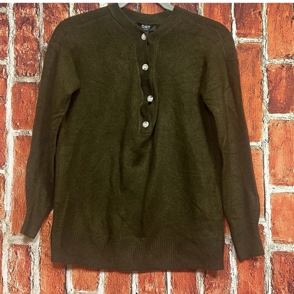 Oat New York Henley Sweater Womens XS Olive Green Button Neck V Neck